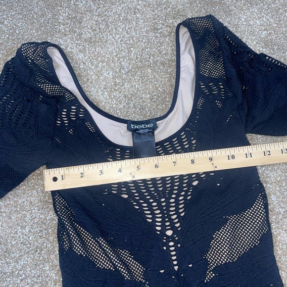 BeBe dress body Con knee length 3/4 sleeve form fitting black/nude SZ M/L - Picture 5 of 8